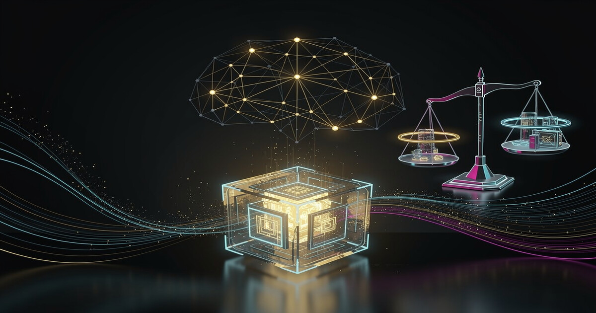 Abstract digital artwork showing a knowledge database, neural network, and balanced scales representing the RAG vs fine-tuning cost comparison