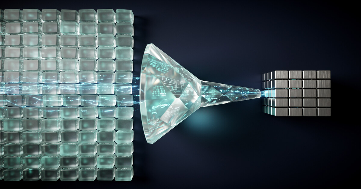 Visualization of KV cache quantization: large memory matrix compressed through a prism into a compact dense block