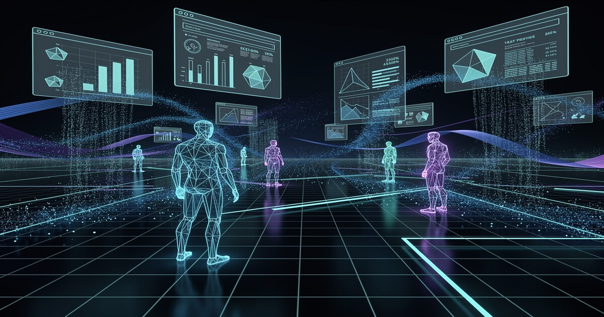 Abstract visualization of agent simulation and virtual testing environments.