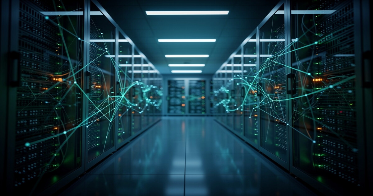 Server room corridor with blue ambient lighting and fiber optic cables forming geometric patterns between server racks, representing AI agent workflow orchestration infrastructure.