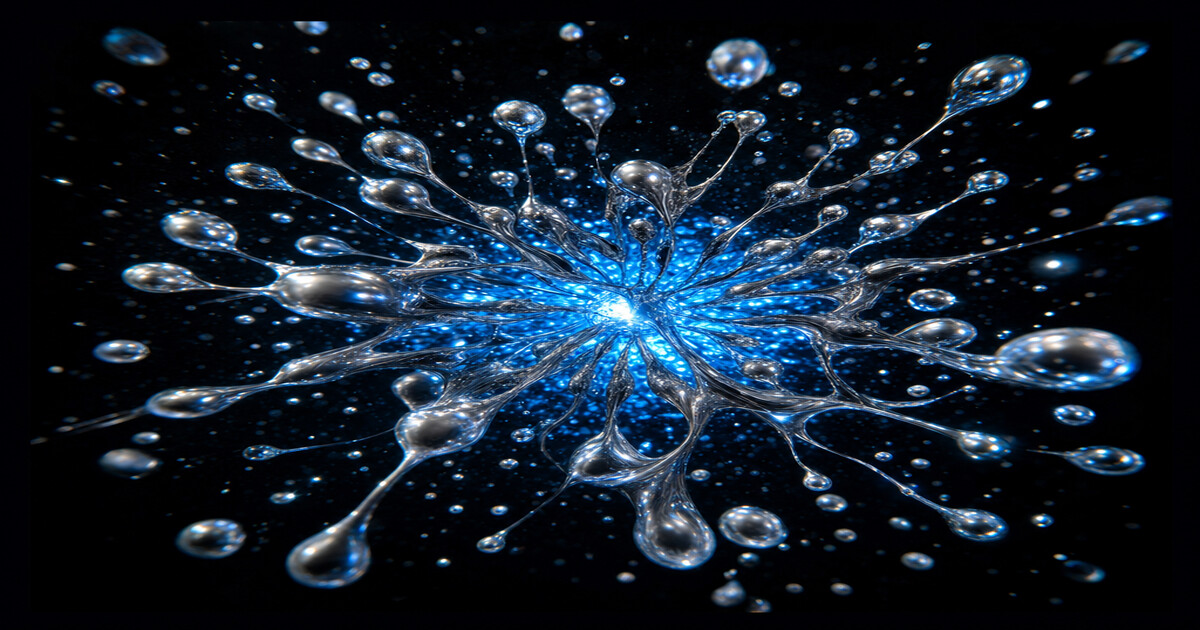 Diffusion LLM parallel generation visualized as molten silver fluid bursting outward in a radial bloom, representing simultaneous token unmasking