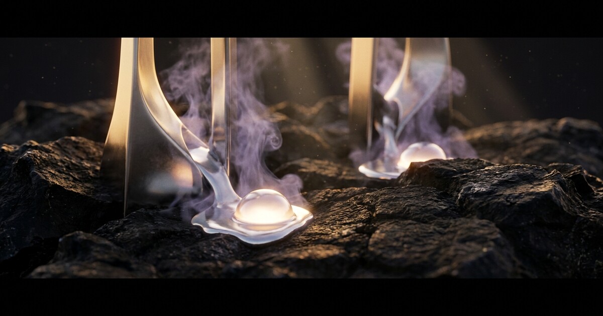 Agent identity governance: molten silver orbs on obsidian, evaporating into violet steam under warm side-lighting