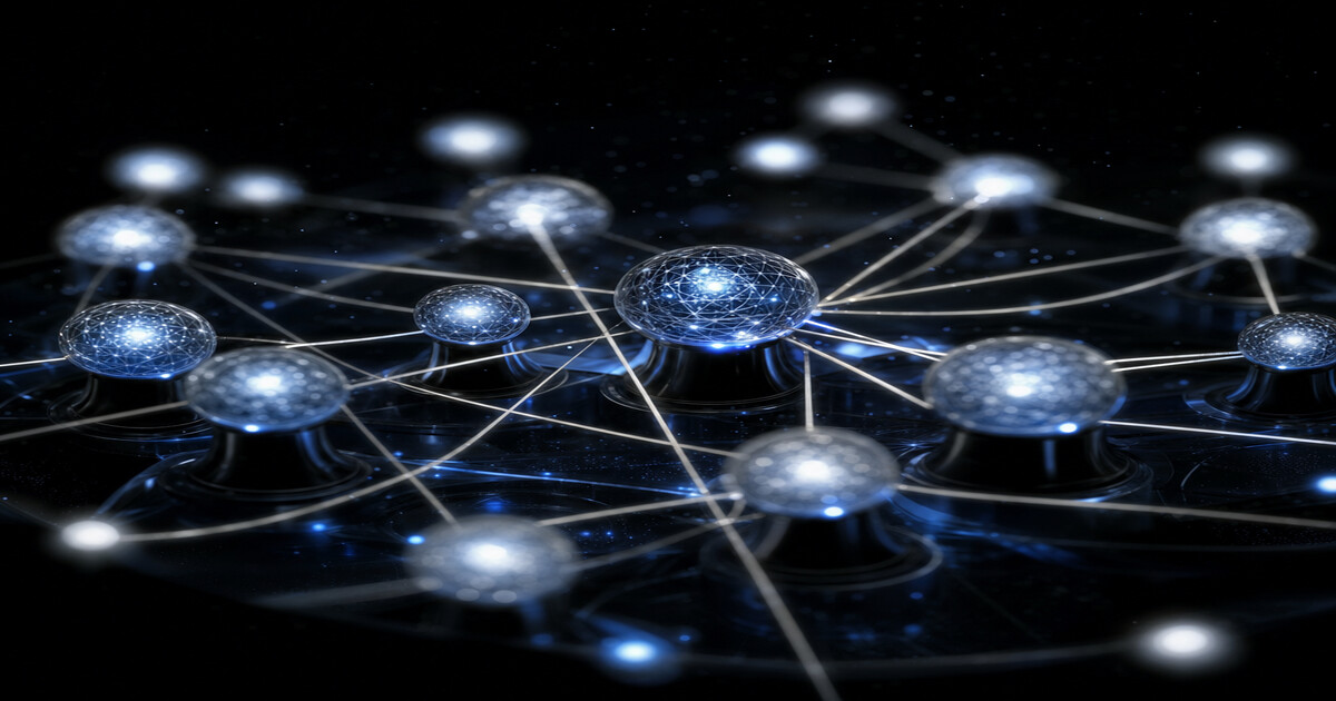Glowing glass spheres linked by thin lines across a dark surface, suggesting a network of cooperating agents