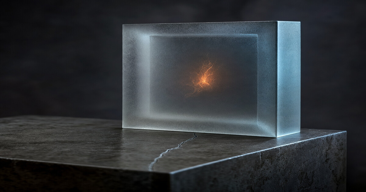 MicroVM security isolation: a sealed glass chamber protects a fragile filament from a fractured iron plate, symbolizing agent isolation comparison