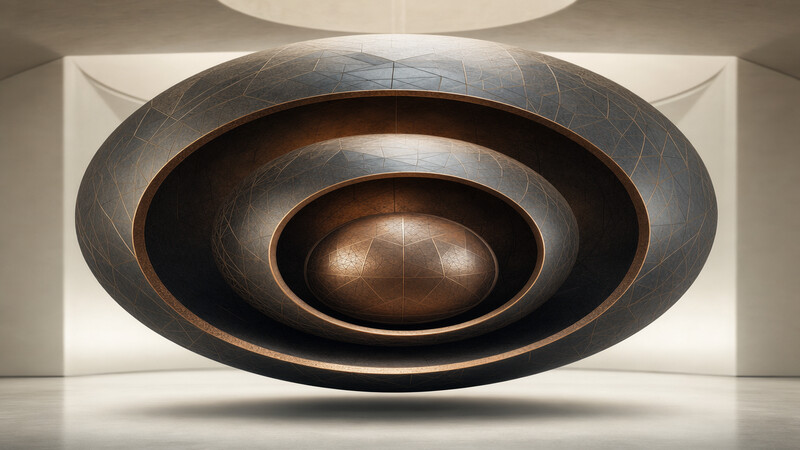 Three concentric bronze spheres suspended in soft diffused gallery light