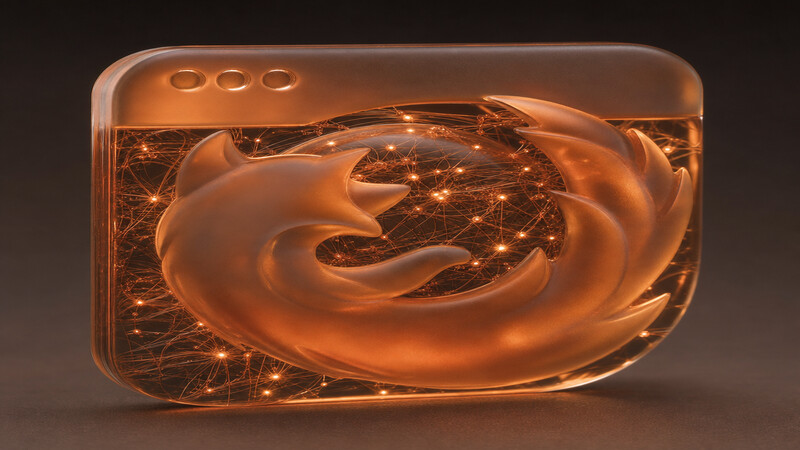 Translucent orange capsule with internal wire network symbolizing agent-native browser architecture