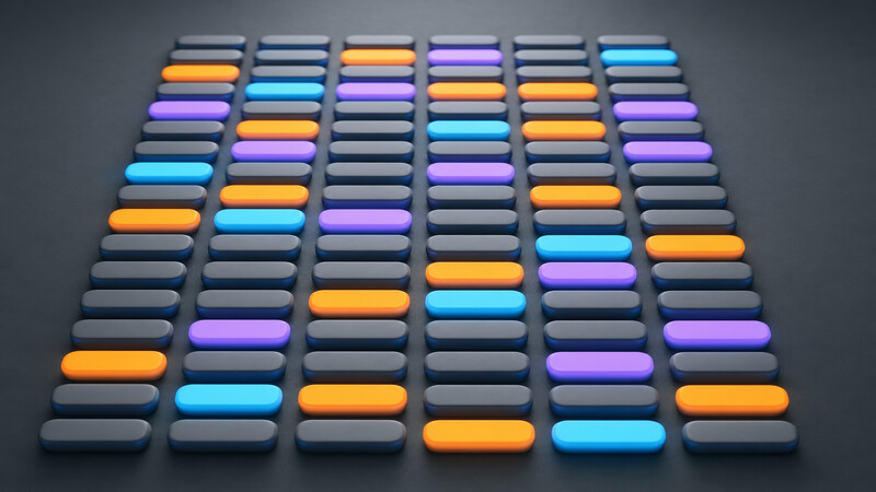 Parallel token unmasking in diffusion LLMs visualized as a grid of grey tokens simultaneously brightening into colored words