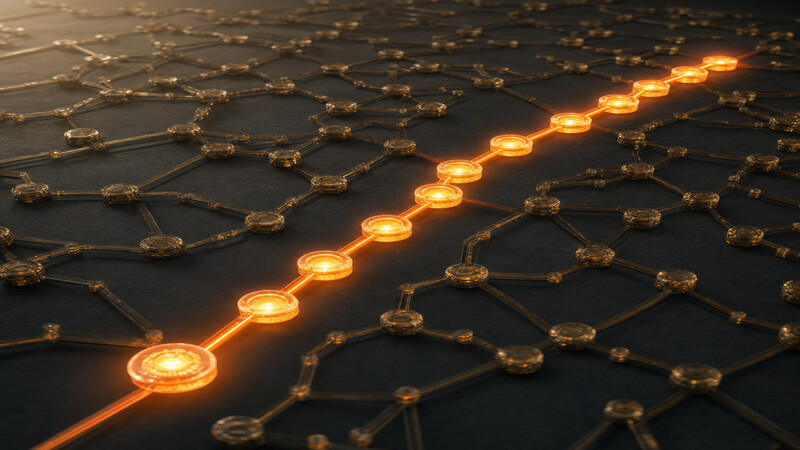 Agent workflow latency visualized as a branching chain of nodes with one highlighted path showing accumulated heat-glow across sequential junctions