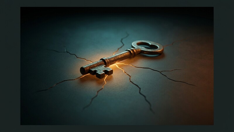 Secret sprawl: a single brass key fracturing into diverging cracks, symbolizing one shared credential fanning out across multiple agent workflows with no central view