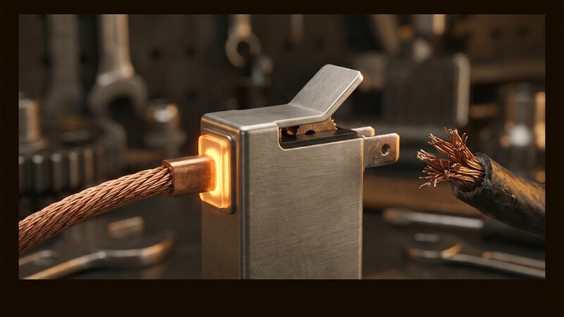 Brokered access: a metallic connector device with a glowing orange port mediating between an intact copper wire and a frayed one, symbolizing policy-gated access that filters and approves each connection rather than granting a single key to every path
