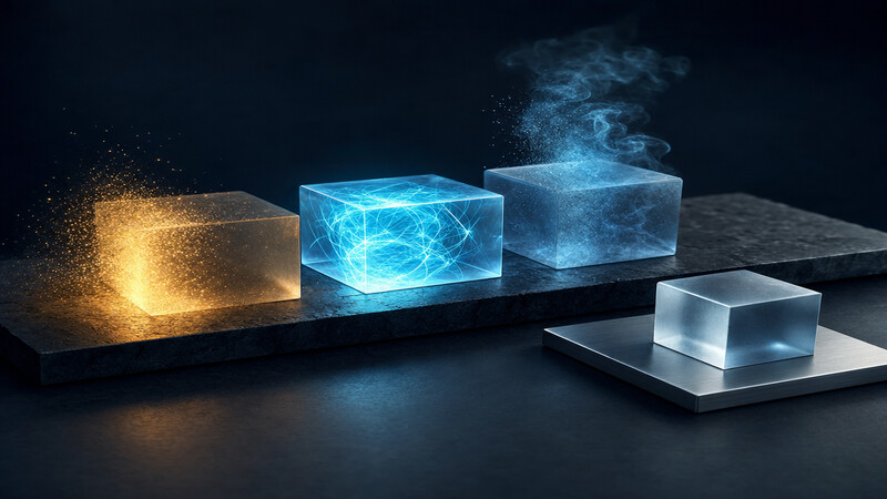 VM lifecycle: spin-up, execution, memory release, and manual snapshot as a sequence of frosted-glass cubes